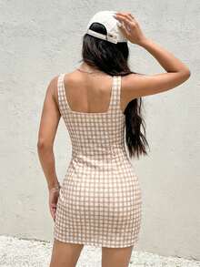 Vestido corto mujer tirantes escote redondo estampado cuadros doble botones dorados decorativos, tela ligera ajuste cómodo estilo juvenil ideal para primavera y verano elegante ideal oficina eventos casuales colegio tener una cita preppy - Blanco y café - Ver 3