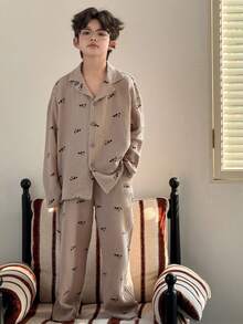 DAZY Tween Boy All-Over Print Button-Front Long Sleeve Top And Pants Pajama Set