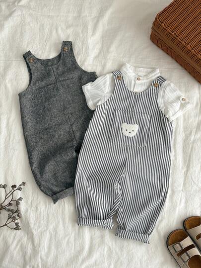 SHEIN 男女宝宝可爱小熊条纹背带裤套装，撞色拼接时尚休闲春夏装，可爱宝宝套装