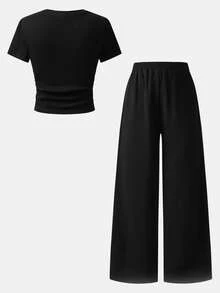 SHEIN 少女修身短袖圆领T恤和宽松阔腿针织裤套装 - 黑色 - 查看 2