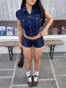 Rivivi Fashionable Turndown Collar Slim Fit Washed Denim Short Sleeve Jacket - Dark Wash - View 5