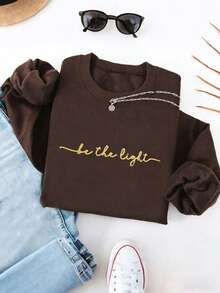 INAWLY Áo nỉ cổ tròn thêu chữ "Hãy là ánh sáng", Áo nỉ cổ tròn dành cho người theo đạo Cơ đốc | Trang phục thể thao Cơ đốc giáo, Trang phục thể thao tôn giáo, Áo nỉ dài tay cổ tròn thêu khẩu hiệu dành cho nữ - Cà phê nâu - Xem 3