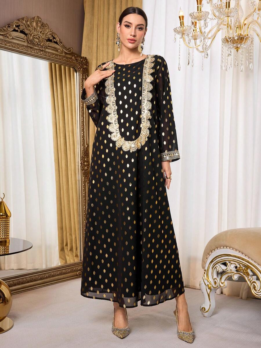 Al Najma Arabic Style Polka Dot Dress, Muslim Women's Arabian Dress For Gatherings - Black - View 1