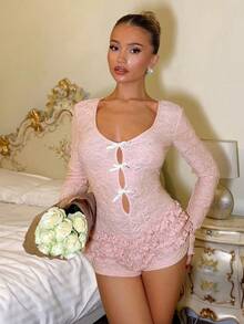 Glamine Charm 女士春季纹理蝴蝶结镂空连体裤，浅粉色荷叶边收腰，性感长袖Y2K连体裤 - 粉色 - 查看 4