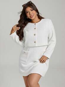 Comfylo Plus Size Elegant Tweed Jacket With Gold Buttons And Dress 2 Pieces Set - White - View 11