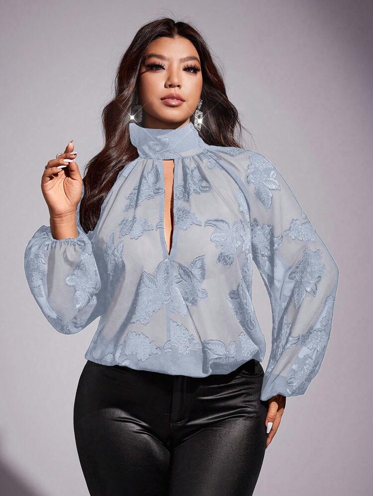Viva Relle Camicetta ampia e trasparente con maniche a lanterna, scollo alto, applicazioni floreali e taglio sexy, adatta a vacanze, primavera/estate/autunno, taglie comode - Blu menta - Visualizzare 3