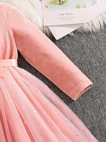 SHEIN Glamorique Kids 年轻女孩纯色圆领长袖休闲网纱拼接优雅连衣裙 - 彩色 - 查看 5