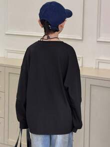 DAZY Tween Boy Letter Print Crew Neck Dropped Shoulder Long Sleeve Casual Loose T-Shirt - Black - View 6