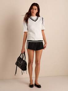 Easelle Cable Knit Striped Trim Tank Top - White - View 3