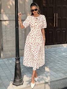 SHEIN PariChic Women's Round Neck Puff Sleeve Polka Dot Fashionable Summer Dress Elegant Floral Dress Women - White - View 3