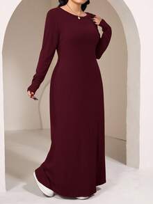 Mulvari 大码女式休闲日常通勤简约纯色长袖收腰连衣裙，春秋季 - 酒紅色 - 查看 5