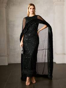 MOTF Soiréza 女士网纱亮片刺绣人造毛皮饰边斗篷式长裙，正式场合穿着