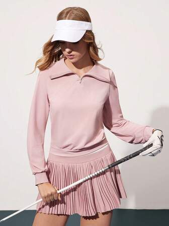 CourtClass Women's Solid Color Minimalist Long Sleeve Golf Polo Shirt, Everyday Wear