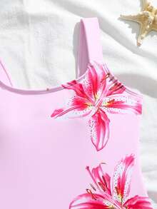 少女夏季海滩度假百合花印花圆领连体泳衣 - 粉色 - 查看 4