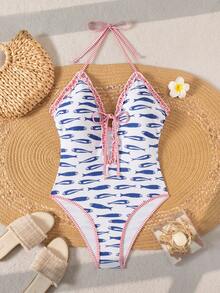 SHEIN Swim Vcay 针织假日派对户外沙滩性感数码印花海洋吊带花卉鱼红色白色多色蕾丝纯黑色定位印花无钢圈优雅夏季女士比基尼泳衣套装鱼印花泳衣荷叶边泳衣挂脖泳衣沙滩泳衣女士连体泳衣 - 彩色 - 查看 3