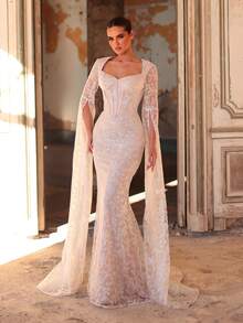 Aureia Elegant And Glamorous, White, Luxurious Sequin Embroidery, Sweetheart Neckline, Flowing Sleeves, Boning Silhouette, Mermaid Train. Suitable For Weddings, Bridal Gowns, Formal Occasions, And Wedding Dresses. - White - View 5