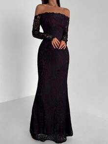 Aloruh Đầm bodycon dài tay dáng đuôi cá gợi cảm, trễ vai, ren, thích hợp cho tiệc cocktail và hẹn hò ngày Valentine. - Màu tím - Xem 3