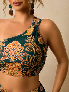 Travachic Conjunto de bikini de talla grande con estampado tropical y detalle calado en el escote, casual para vacaciones en la playa en verano - Verde Oscuro - Ver 5