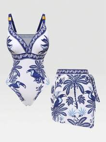 Swim Oasis 新款大码女式泳衣，夏季度假沙滩连体泳衣+裙罩衫两件套，热带植物印花优雅女士泳装两件套，大码连体泳衣 - 彩色 - 查看 8