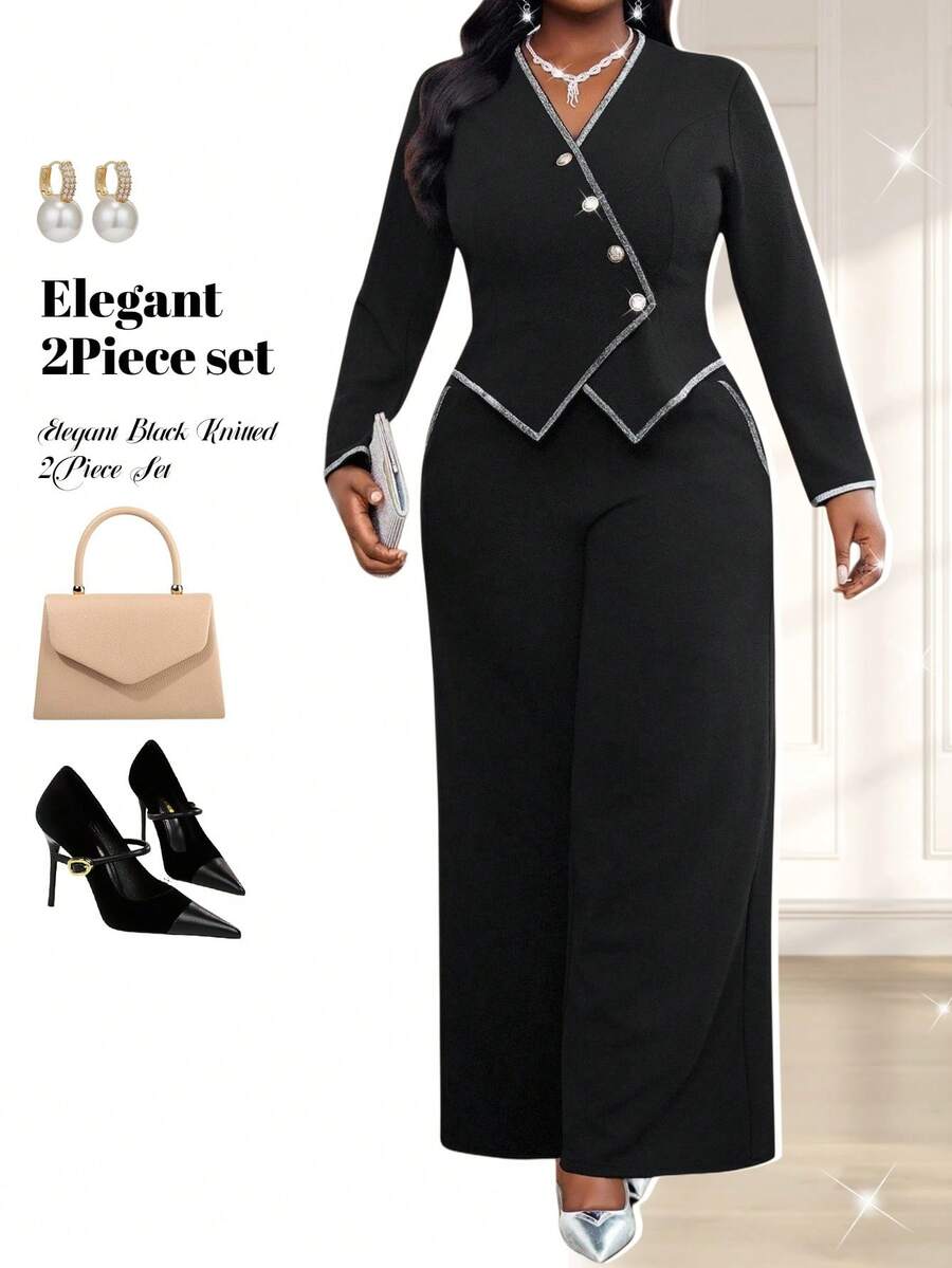 Fleurora Plus Size Women's Elegant Black Knitted Knitted Women Fall Sets Tank Dress Winter Women Sets Black Black Two Pieces Set Pants Suit - Black - View 1