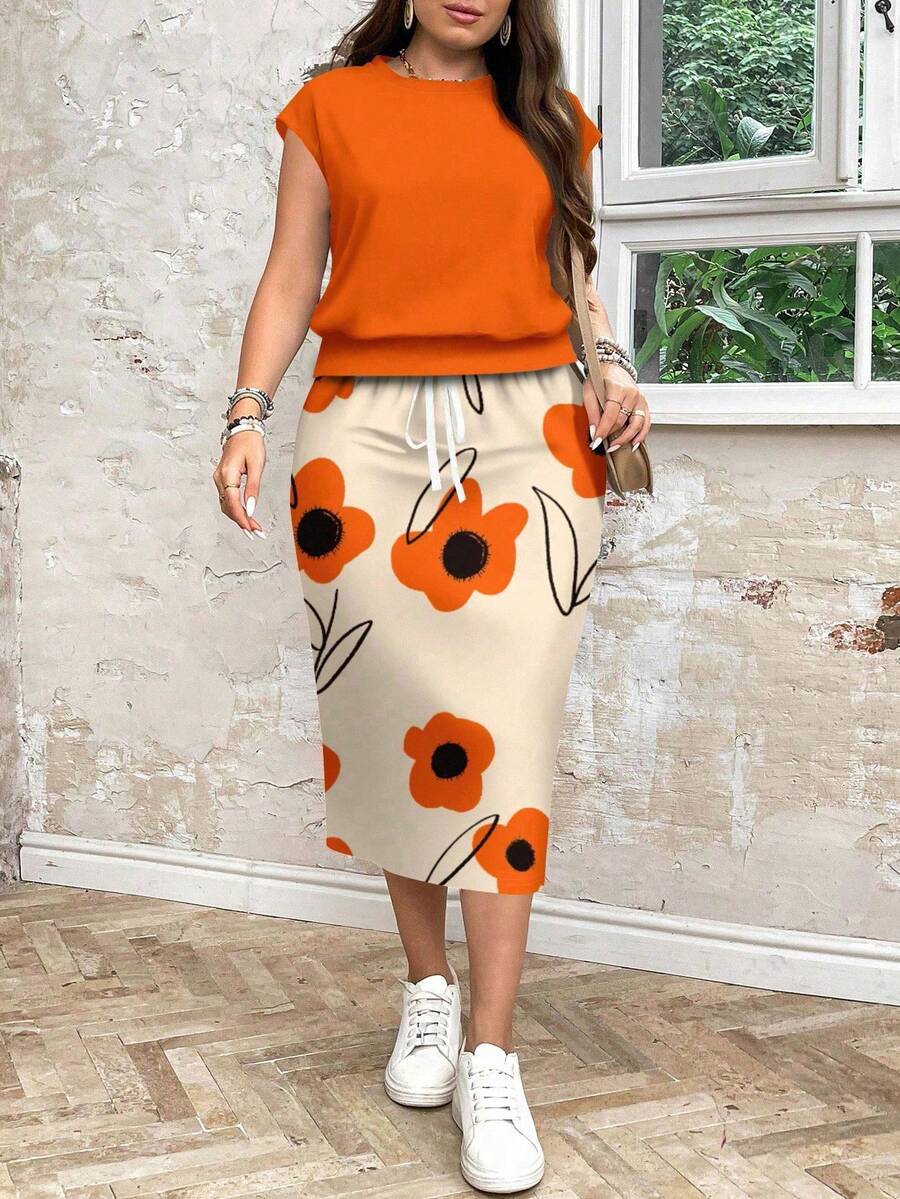 SHEIN LUNE 母亲节休闲简约橙色碎花宽松圆领两件套，适合大码女性，春夏皆宜