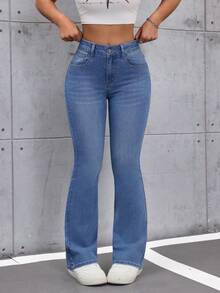 SHEIN Tall Women's Casual Flare Leg Jeans With Pockets - Blue - View 1