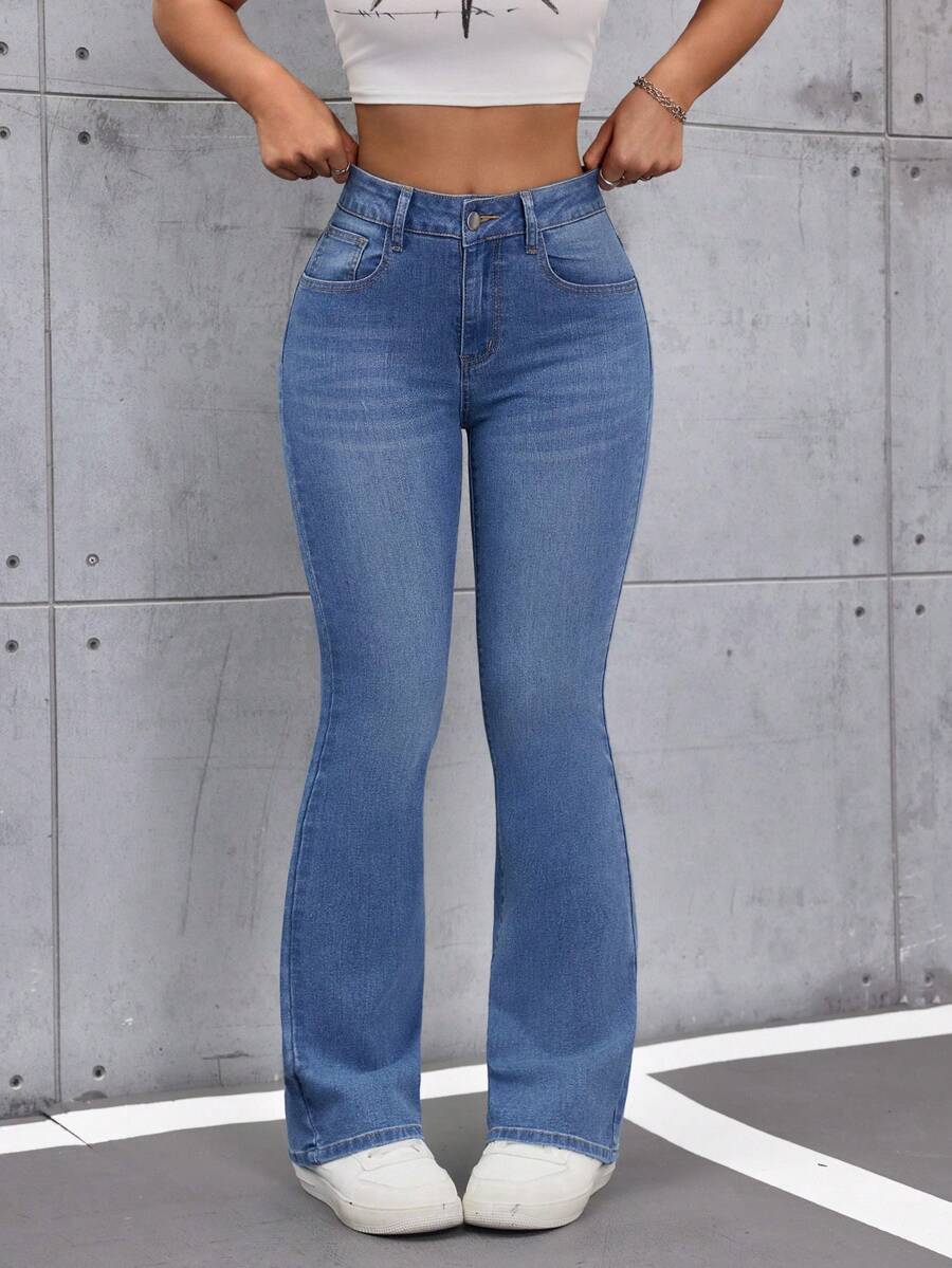 SHEIN Tall Women's Casual Flare Leg Jeans With Pockets - Blue - View 1