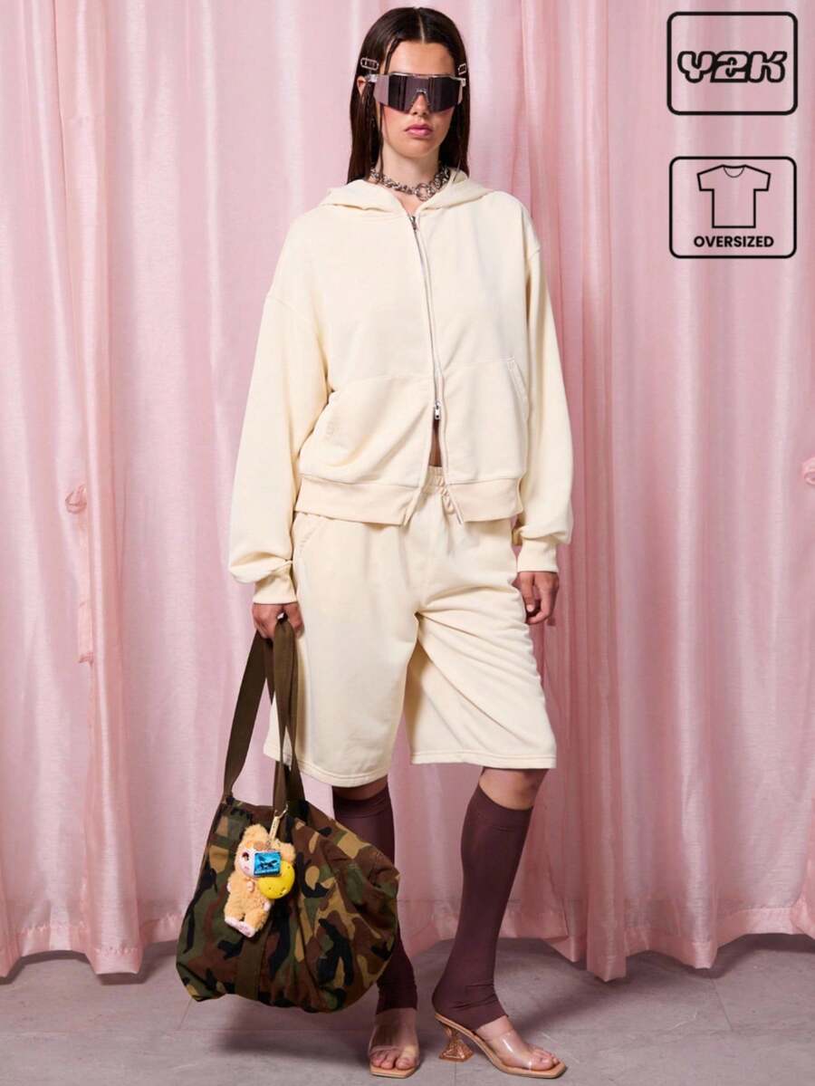 COUREZ Oversized Reißverschluss Hoodie / Sommer Tops Y2K Sommer Kleidung Sommer Outfits für Frauen Vintage - Gelb - Übersicht 1