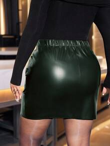 Cravure Plus Size Women Dark Green Faux Leather Bodycon Mini Skirt,Retro Tight Fit Elegant Classy Rave Mini Skirt,Suitable For Autumn Club Party - Dark Green - View 2
