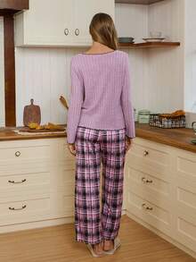 SHEIN Doze Lane Women's Elegant Plaid Print Ins Style Ribbed Long Sleeve Pajama Set, Autumn Women's Lounge Wear Sets Knit Pajama Set Warm Pajamas For Women Sleep Wear Women Set Homewear Women Women Lounge Wear Sets - Pink - View 4