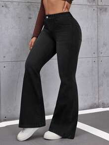 SHEIN Tall Quần jeans ống loe có túi dành cho nữ, kiểu dáng thường ngày. - màu đen - Xem 4