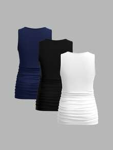 Modmama 3件套孕妇纯色修身背心，休闲简约，夏季必备 - 寶藍色 - 查看 2