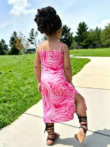 Young Girls' Chic Leopard Print Camisole Dress With Bow Hem And Side Slit, Casual Everyday Wear - Multicolor - View 2