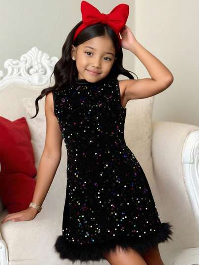 Tween Girl Black Shiny Sequin Elegant Party Christmas Dress, Suitable For Autumn/Winter Party, Birthday, Holiday, Christmas, Mother-Daughter, Sisters Matching, Fashion Comfortable Versatile, New Year Dress