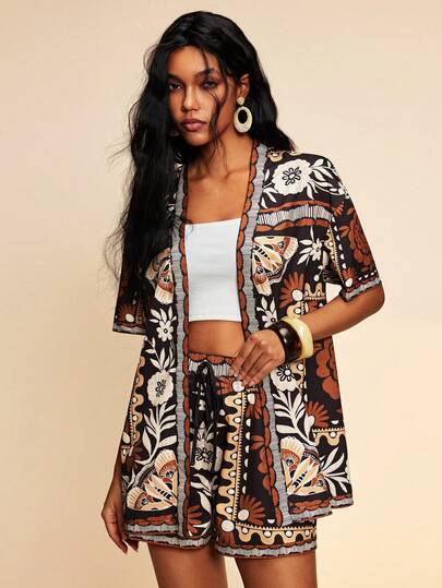 Travachic Women's Vacation Plant Print Short Sleeve Kimono Shirt And Shorts Casual 2 Pieces Set,Vacation Casual Terno Outfit For Women,Summer Holiday Outfits,Spring Break Outfits,Party Outfit,Beach Outfit,Spring Clothing,Valentine's Day,Valentine Outfits For Women,Carnival Costume,Elegant,Floral Shorts,Carnival Costume,Going Out Top,Party Top,Brown Dress