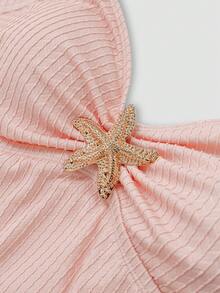 Sweetra Plus Size Women's Sweet Cute Textured Fabric Starfish Decor Camisole Dress + Swim Shorts 2 Piece Set, Summer Beach Vacation Swimming Dress Bikini Dress Skirt Swimsuit Bathing Suits For Women Pink