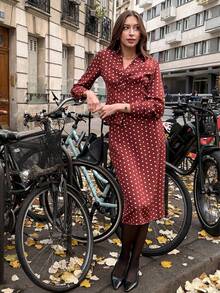 Pariaura Women's New French - Style Woven Fabric Printed Polka Dot Lapel Waist - Cinching Long - Sleeve Shirt And Midi Skirt Two Pieces Set: Embrace Romantic Retro Charm - Brown - View 4