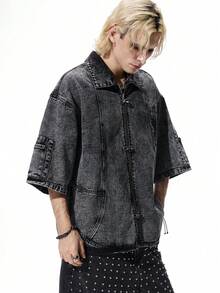 ROMWE MEN Men's Drop Shoulder Short Sleeve Loose Front Button Denim Shirt - Black - View 1