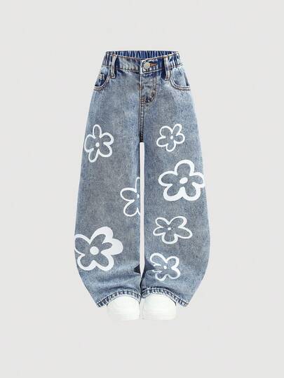 Young Girl' New Fashion Y2k Casual Cute Floral Pattern Blue Denim Loose Fit Baggy Jeans Spring Summer,For Kids Girls Spring/Summer Dailywear Outfits,Girls Streetwear Outfits,Beach Vacation Outfits For Girls ,Girls Summer Boho Outfits,Casual Clothes For Girls ,Elegant Jeans For Girls ,Toddler Jeans ,4-Year-Old Girls Jeans ,Summer Jeans ,Casual Jeans ,Flower Jeans
