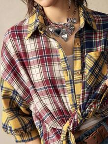 Bohemela 波西米亚风秋冬外套，女士复古休闲彩色格子拼接宽松衬衫，适合海滩度假、日常穿着、返校、外出、派对、圣诞节、新年等场合。 - 彩色 - 查看 6