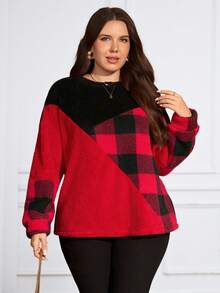 EMERY ROSE Sweatshirt Wanita Ukuran Besar Motif Kotak-kotak Merah & Hitam, Pullover untuk Musim Gugur/Dingin, Model Baru 2025, Tahun Baru, Nyaman untuk Musim Gugur dan Musim Dingin - MultiWarna - View 6