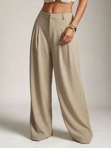 Hauture Summer Business Office Solid Casual Pleated Loose Pants - Khaki - View 4