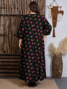 SHEIN Najma Váy midi họa tiết hoa và thực vật cỡ lớn dành cho nữ, eo nhún, viền xòe, tay dài, cổ tròn, mùa xuân - Nhiều màu - Xem 2
