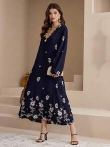 Al Najma 新款刺绣蓝色沙滩度假休闲宽松连衣裙，适合日常、聚会和度假穿着 - 藏蓝色 - 查看 6