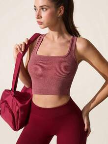 Core Rhythm ملابس علوية رياضية للنساء بياقة مربعة وأكمام ضيقة مصنوعة من خيوط AB، بتصميم دوبامين للياقة البدنية والرياضات الخارجية والتمرينات اليوغا - الأحمر - مشاهدة 7