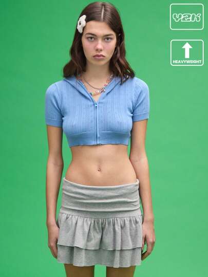 COUREZ Sudadera con capucha corta y ajustada con cremallera y puntillado, estilo vintage Y2K