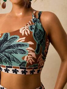 Travachic Bộ bikini cỡ lớn in họa tiết nhiệt đới, khoét eo, kiểu cổ yếm, thích hợp cho kỳ nghỉ hè trên bãi biển. - màu nâu - Xem 5