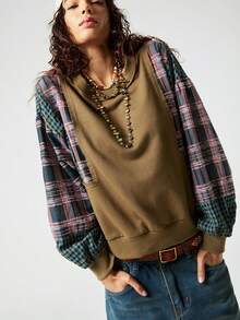 SoleilVie 女士复古拼接格子印花圆领长袖卫衣 - 彩色 - 查看 1