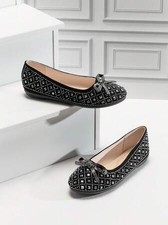 Mini mi #PrincessGlam Girls' Round Toe Pewter Rhinestone Bow Matte Nub Black Ballet Flats – Sparkly, Dressy & Comfortable