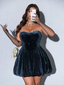Viva Relle Plus Size Sexy Strapless Ruched Peplum Dress - Navy Blue - View 6